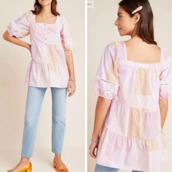 Maeve Anthropologie Gable Puff Sleeve Tiered Striped Tunic Cute Size Medium - Picture 1 of 7